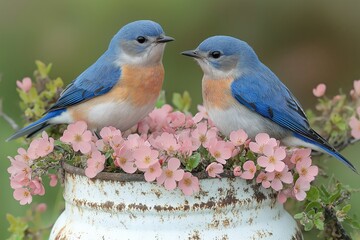 Obraz premium Two eastern bluebirds sitting on a rustic white jug decorated with soft pink spring flowers