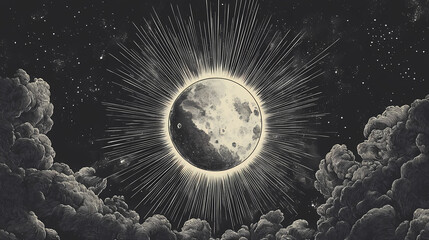 Captivating galaxy themed radial engraving featuring central moon surrounded by dark clouds and radiating lines, evoking sense of cosmic wonder. Ethereal Engraving. Illustration