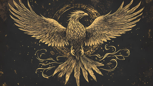 A phoenix with outstretched wings, rising from the ashes in flight in engraving style. Ethereal Engraving. Illustration
