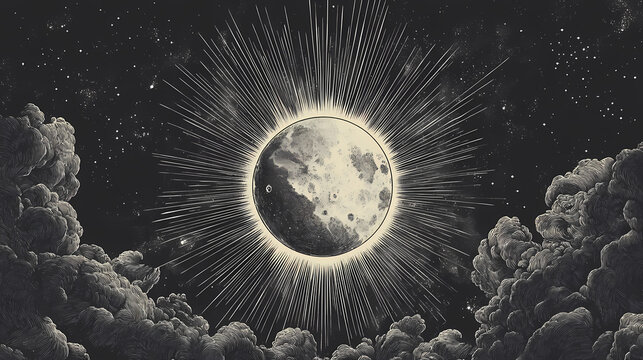 Captivating galaxy themed radial engraving featuring central moon surrounded by dark clouds and radiating lines, evoking sense of cosmic wonder. Ethereal Engraving. Illustration
