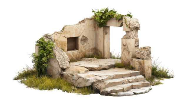 Abandoned Stone Structure with Greenery and Weathered Steps