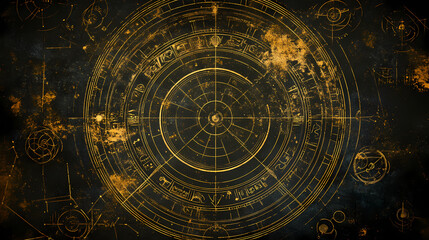 Obraz premium Celestial zodiac engraving with ancient symbols. Ethereal Engraving. Illustration