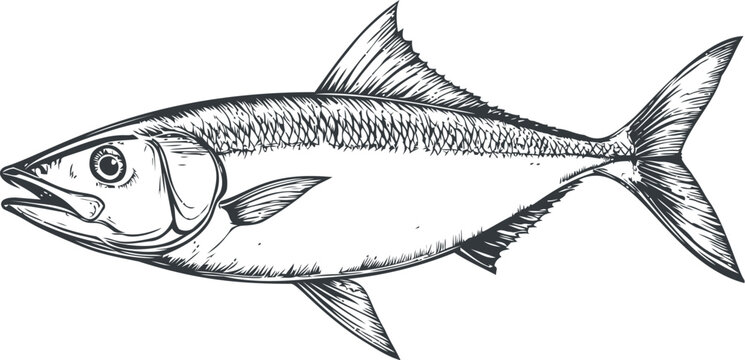 Detailed line drawing of tuna fish with scales and fins in black and white. Vector illustration