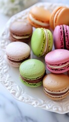 Colorful Macarons on Porcelain Plate - Perfect for Dessert Inspiration and Food Photography