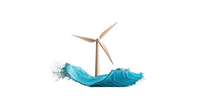 Wind Turbine on Ocean Wave with Splashing Water in Clear Background