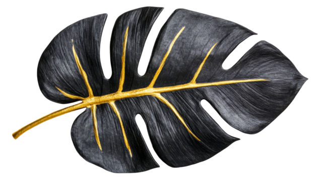 Monstera leaf: black surface, decorative golden pattern, cut out transparent