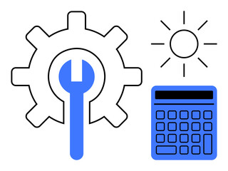 Gear with blue wrench for maintenance, bright sun symbolizing energy, and blue calculator for calculation. Ideal for engineering, energy management, repair work, renewable resources, budgeting