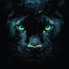 Powerful black panther with striking green eyes stares intensely against a dark background revealing its fierce nature