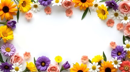 Fototapeta premium Vibrant Floral Border with Spring Blooms. Elegant Botanical Flat Lay Design