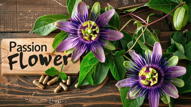 Passionflower flowers capsules supplements on the table. Selective focus. nature.