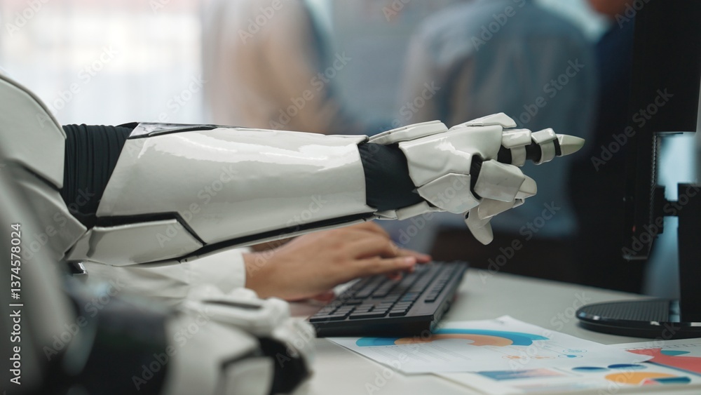 Poster a close-up of a robotic arm interacting with a computer keyboard in a modern office setting, highlig
