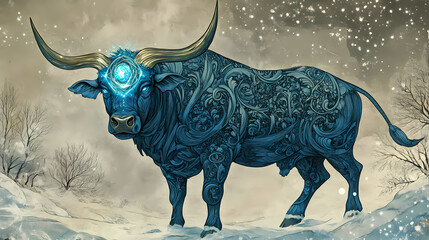 Ornate blue bull with glowing jewel in winter scene. Ethereal Engraving. Illustration