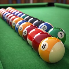 Pool Balls Arranged Neatly on a Green Table Ready for a Game Generative AI