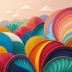 Colorful Paper Art Landscape With Layered Hills and Clouds Generative AI