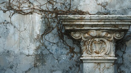 Aged Column with Vines on Crumbling Wall in Urban Setting