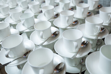 Many empty white cups in a rows