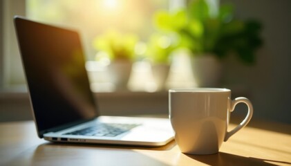 Empty coffee cup, laptop, plant, window light, green, minimal, comfort