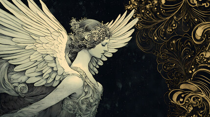 Winged woman ornamented, dark backdrop. Ethereal Engraving. Illustration