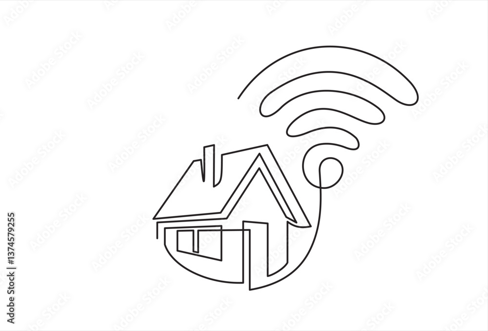 Poster smart house with wifi continuous one line drawing of white background. continuous line drawing of sm
