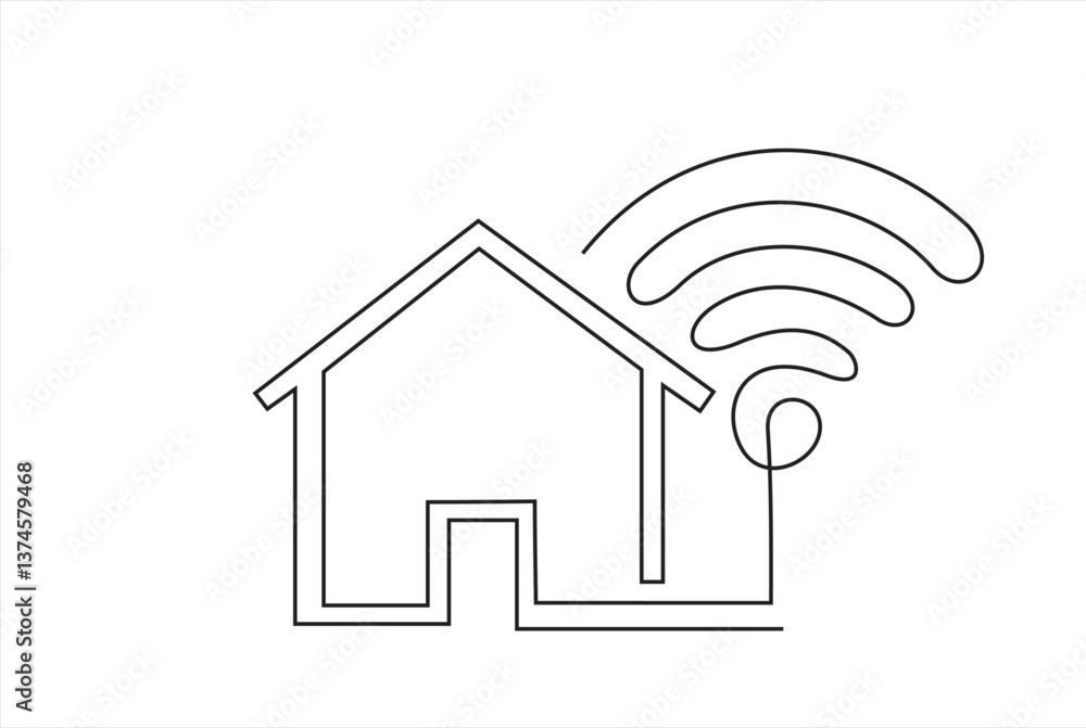 Poster smart house with wifi continuous one line drawing of white background. continuous line drawing of sm
