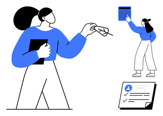 Woman holding clipboard and glasses, another pointing at calculator, task checklist below. Ideal for teamwork, project planning, productivity, task management, strategic analysis, collaboration