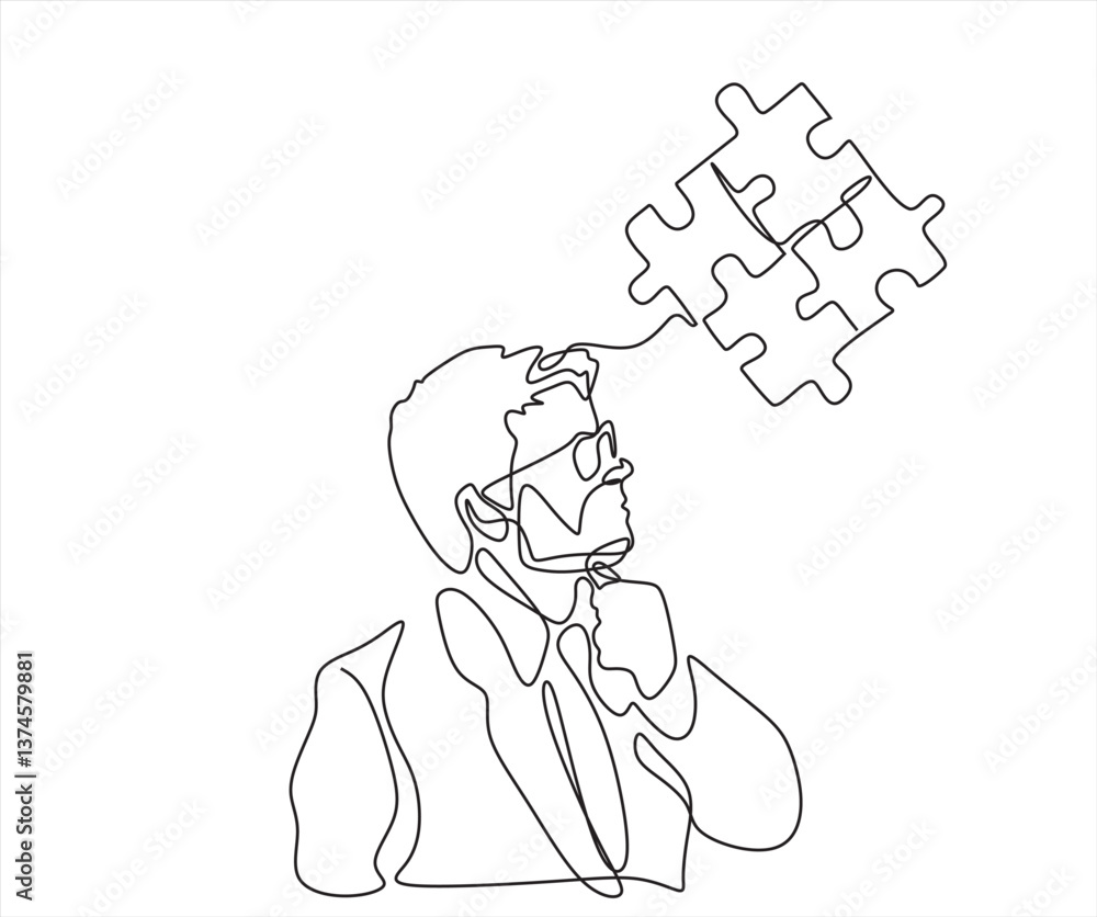 Poster cartoon of ara businessman showing puzzle that connected. concept of teamwork. single continuous lin