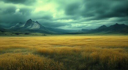 Obraz premium Golden Wheat Field Under Dramatic Clouds in a Remote Mountain Landscape