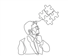 Cartoon of ara businessman showing puzzle that connected. Concept of teamwork. Single continuous line art style. Editable stroke.
