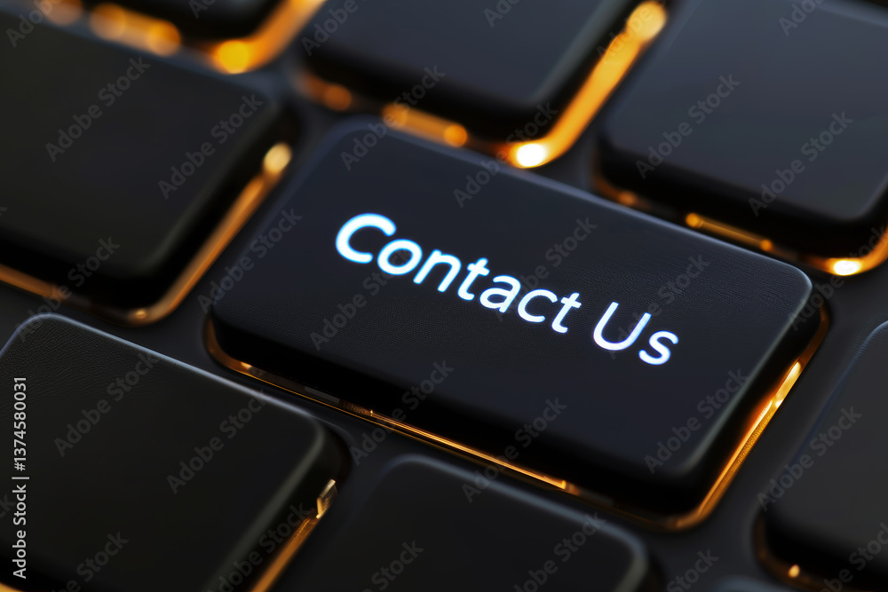 Poster glowing contact us key on modern keyboard: instant communication concept for digital media design