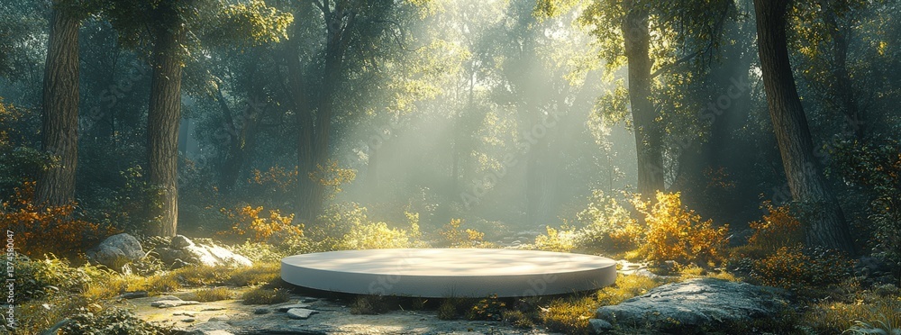 Poster serene forest scene with a minimalist circular platform bathed in sunlight, ideal for product displa