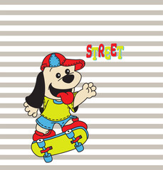Cute cartoon dog skateboarding on the street