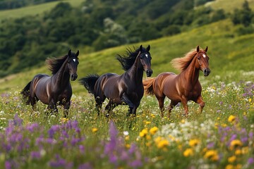 Three majestic horses galloping in a flower-filled meadow with vibrant colors
