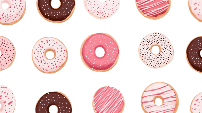 Delicious donuts with different frosting and sprinkles, cut out transparent