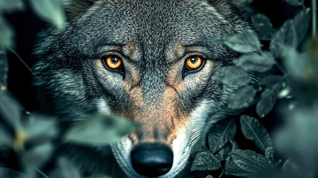 Close-up of a wolf with piercing amber eyes amidst dark green foliage