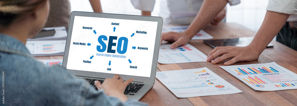 Poster SEO search engine optimization for brisk e-commerce and online retail business showing on computer screen