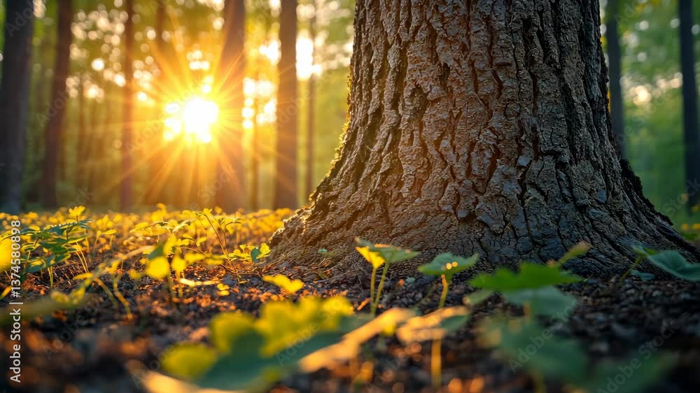 Poster sunlight streaming through forest with large tree trunk and green plants