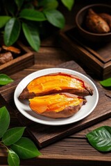 there is a plate with a sweet potato on it on a table