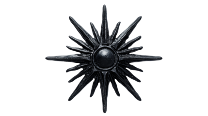 Star emblem with spiky rays in dark metal finish, cut out transparent