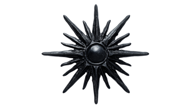 Star emblem with spiky rays in dark metal finish, cut out transparent
