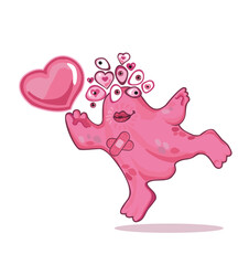 Vector illustration of Pink multi-eyed love monster holding a heart