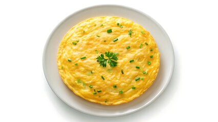 A sunny-side-up omelet, perfectly golden and fluffy, garnished with fresh herbs, a simple breakfast delight on a white plate.
