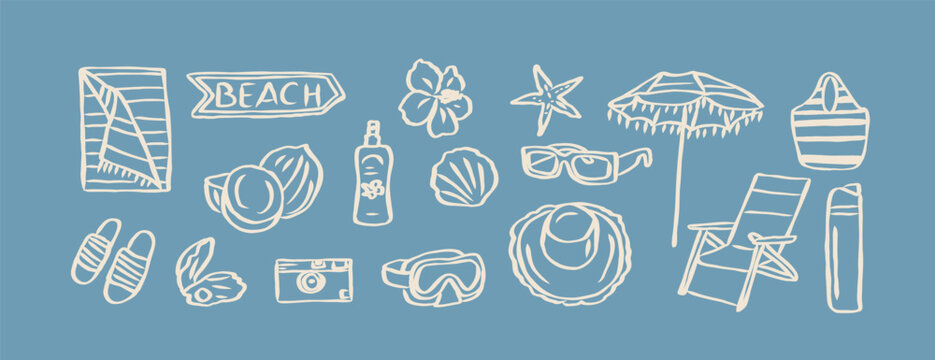 Hand drawn retro beach essentials set