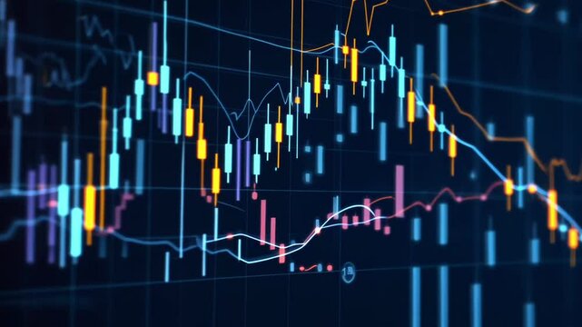 Colorful candlestick charts and graphs fluctuating on a dark digital screen, representing market volatility