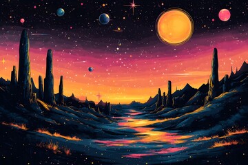 Fototapeta premium Colorful, pixelated painting of a desert landscape with a river running through it. The sky is filled with stars and a large sun is visible in the background. The mood of the painting is peaceful