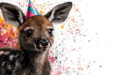  Baby deer in party hat with paint splatters on white background