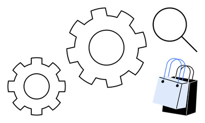 Gears symbolize efficiency and optimization, magnifying glass represents search functionality, and shopping bags denote e-commerce and retail. Ideal for e-commerce, marketing, technology, efficiency