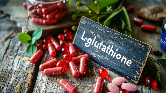 L-glutathione capsules supplements on the table. Selective focus. supplement