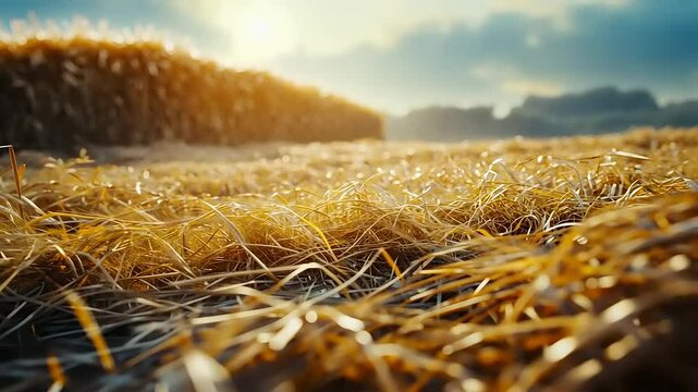 Golden straw field under a bright sky with distant corn rows