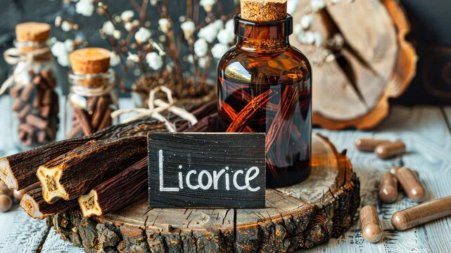 Licorine capsules and suplements on the table. Selective focus. nature.