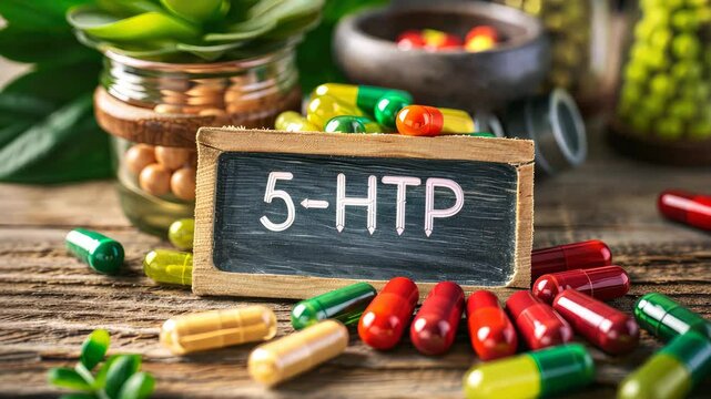 5-HTP capsules supplements on the table. Selective focus. supplement